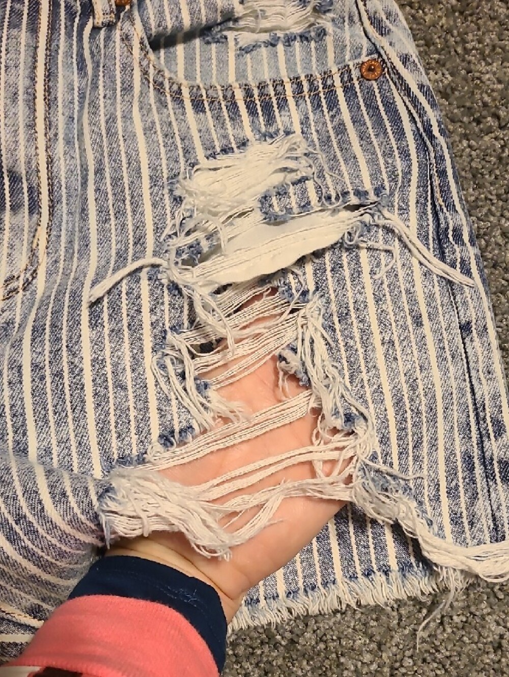 American Eagle Blue and White Striped Distressed Boyfriend Denim Shorts - Picture 2 of 8